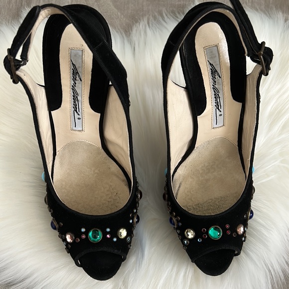 Brian Atwood black suede jeweled peep toe sandals heels 36 US 6 - Picture 2 of 4